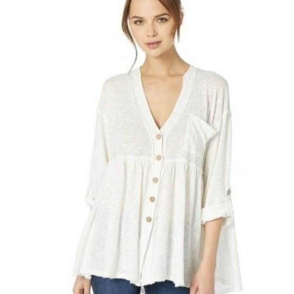 Free People Jolin Button Front Tunic Top Shirt Ivory Lagenlook‎ Relaxed M